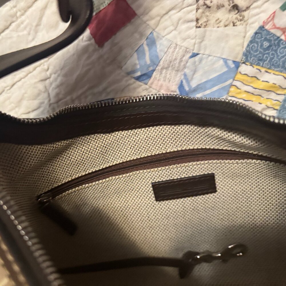 Dooney and Bourke Brown and Tan Elbow Bag with dark brown Fancy Leather Handle - Picture 4 of 7
